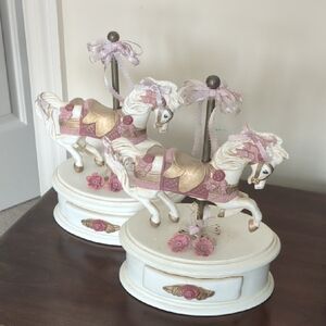 Vtg Elegant Pink and Gold Carnival Carousel Horse Figurine, Set of 2